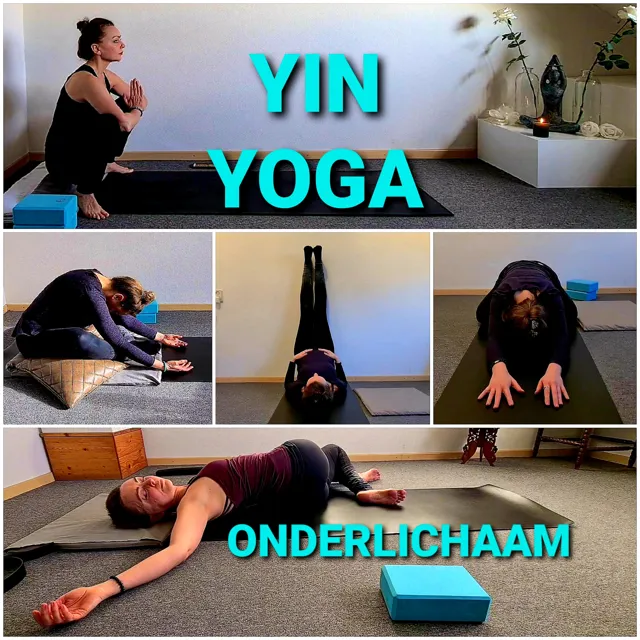 Collage van Yin-houdingen op de mat, deels met kussen of blok, met de tekst Yin Yoga en Onderlichaam.